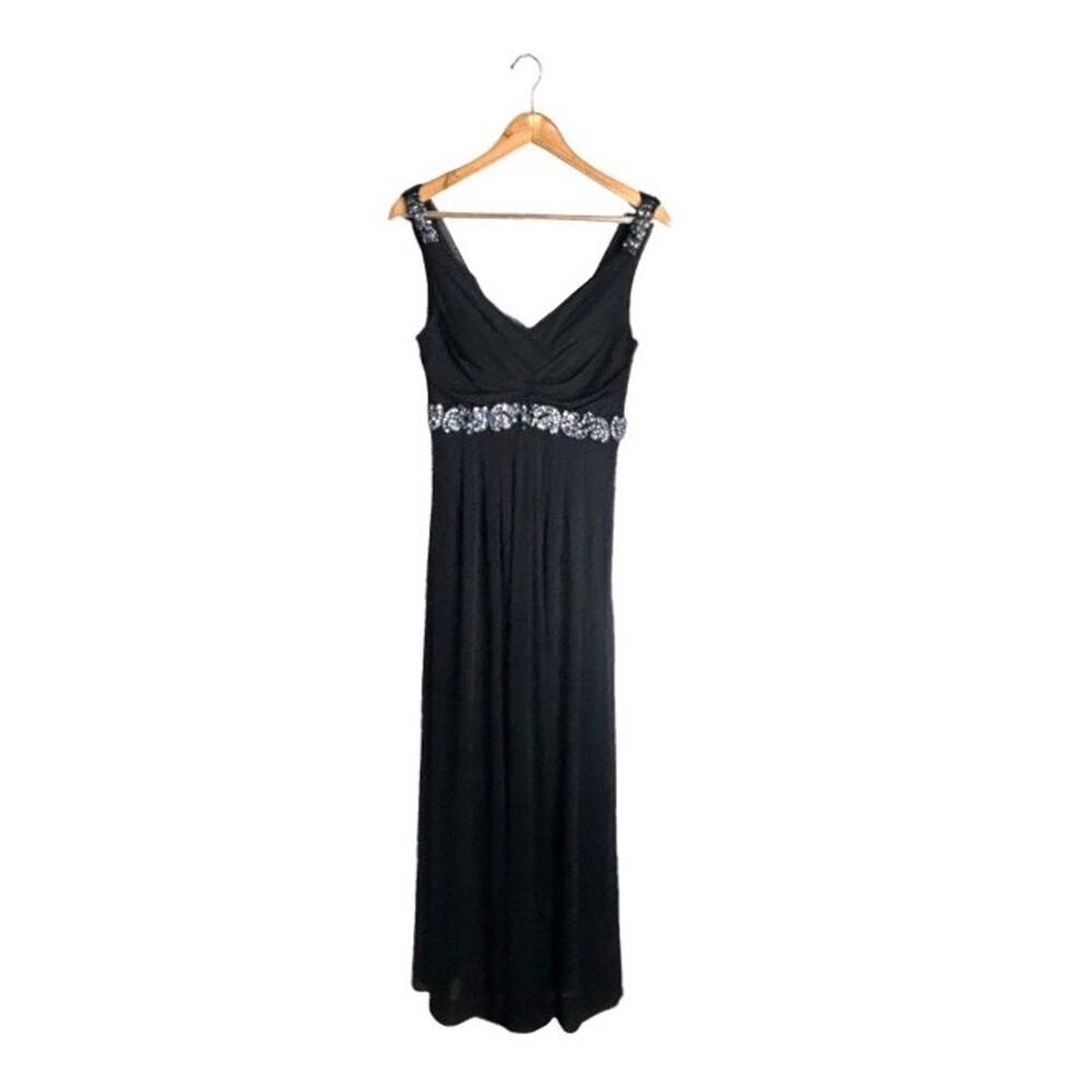 Cachet Evening Gown Formal Black Rhinestone Waist Shoulders Size 8 Elegant